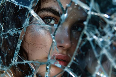 Attractive woman looking at reflection in broken mirror. Generative Ai, AI generated