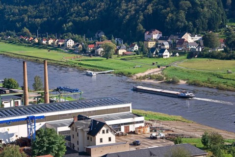 Freght ship on elbe river in saxony, germany