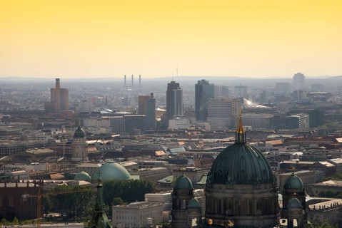 Berlin skyline with potsdamer platz and berliner dom at dawn
