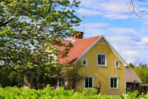 Traditional wooden farmhouse in southern Sweden in a yellow colour scheme. Old traditional wooden