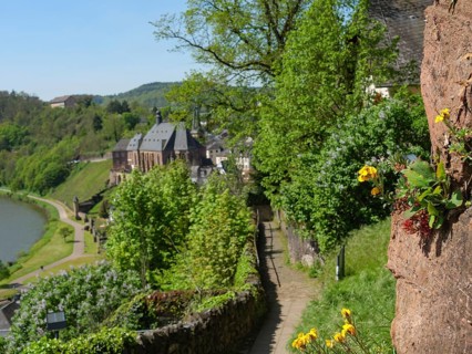 Narrow path with blooming flowers, green trees and views of houses in a medieval village, saarburg,