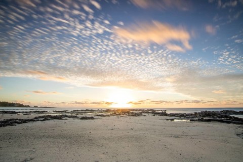 Sunrise over the sea with gentle waves. Sandy beach with lava rocks and blue water alternating with