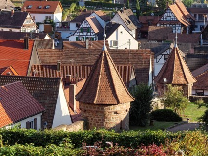 Traditional village view with many tiled roofs and towers. Numerous half-timbered houses