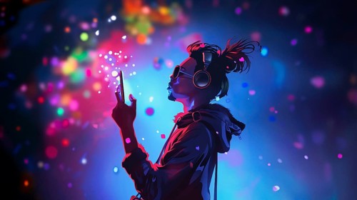 A young man is listening to music on headphones while browsing on his cellphone, AI generated
