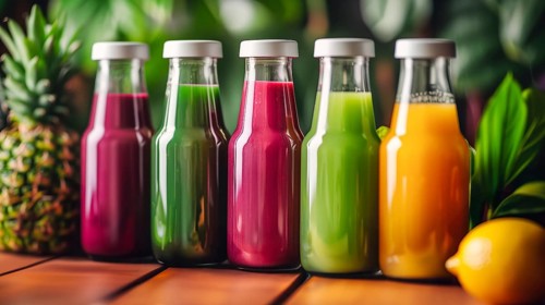 Row of bottles with colorful detox juice, AI generated