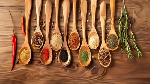 Spices on wooden spoon on a wooden table, AI generated