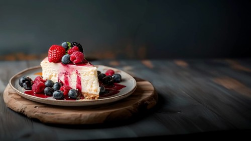 Slice of fresh cheesecake with fresh berries on rustic table, AI generated