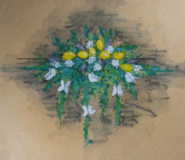 Flower decoration with lemons, design flower decoration for wedding, pencil drawing, sketch, mixed