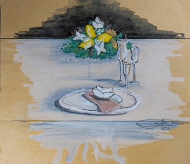 Table decoration, design flower decoration for wedding, pencil drawing, sketch, mixed media,