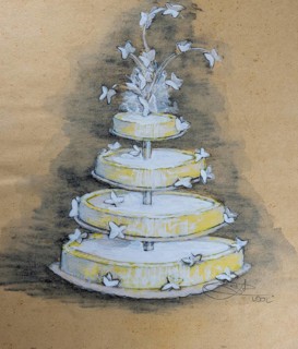 Wedding cake, design flower decoration for wedding, pencil drawing, sketch, mixed media,