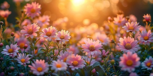 Spring meadow with numerous colourful daisies in the soft evening light. The background is softly
