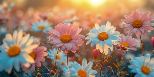 Spring meadow with numerous colourful daisies in the soft evening light. The background is softly