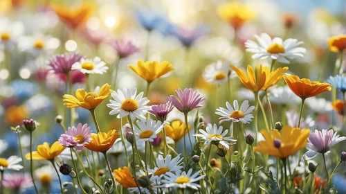 Spring meadow with a variety of colourful daisies and other flowers. The background is softly