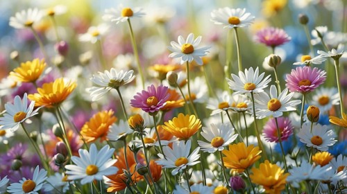 Spring meadow with a variety of colourful daisies and other flowers. The background is softly