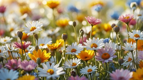 Spring meadow with a variety of colourful daisies and other flowers. The background is softly