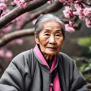 A poised elderly woman in traditional dress with a backdrop of cherry blossoms, AI generated