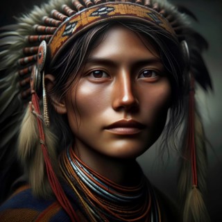 Portrait of a woman adorned with a Native American headdress and tribal jewelry, AI generated