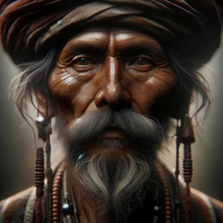 Detailed portrait of an elderly man wearing a turban and adorned with beaded necklaces, AI