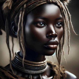 Close-up of a young African woman with neck rings and dreadlocks against a blurred background, AI