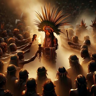 An indigenous leader stands with a torch during a fire ceremony surrounded by the tribe, AI