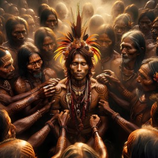 A man is surrounded by his tribe in a spiritual initiation ceremony with body paint and headdress,