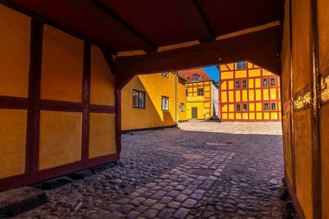 Kerteminde, Andresens Gaard, historic merchant's yard, restored half-timbered house, ensemble,