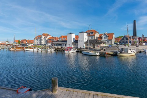 Kerteminde, sailing boats, fish restaurant, fish smokehouse with chimney, jetty, Great Belt, Fyn,