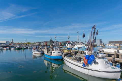 Fishing harbour of Kerteminde, flag mark, Great Belt, Fyn, Fyn Island, Baltic Sea, Denmark, Europe
