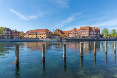 Small town of Kerteminde on the Great Belt, old town on the harbour basin, dolphins, Fyn, Fyn