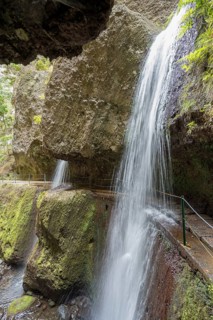 Hiking trail with waterfall on the Levada Nova and Levada do Moinho, Madeira, Portugal, Europe