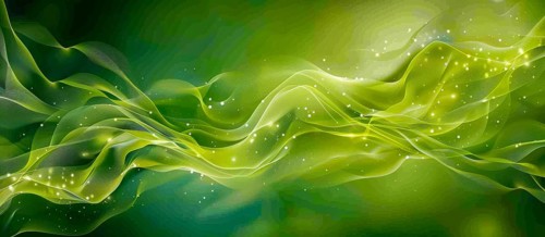 An abstract digital artwork featuring green flowing shapes with light particles, evoking a dynamic