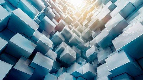 Abstract geometric artwork with blue and white cubes creating a modern, dynamic perspective, AI