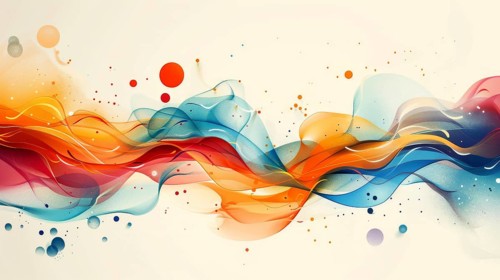 Fluid abstract painting with flowing blue, orange, and red colors on a beige background, giving a