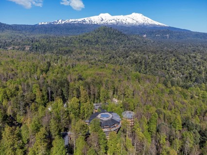 Aerial view of hotel Nothofagus, Reserva Biologica Huilo Huilo, Chile, South America