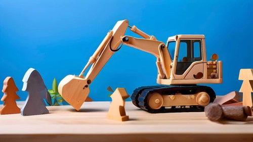 Vintage wooden excavator toy with a playful design in front of blue background, AI generated