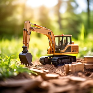 Vintage wooden excavator toy with a playful design in front of blurred background, AI generated
