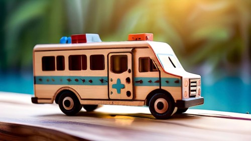 Vintage wooden ambulance car toy with a playful design in front of blurred background, AI generated
