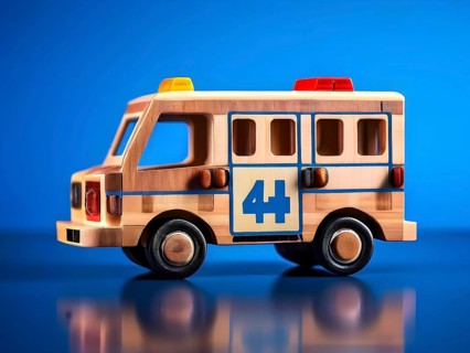 Vintage wooden ambulance car toy with a playful design in front of blurred background, AI generated
