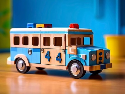 Vintage wooden ambulance car toy with a playful design in front of blurred background, AI generated