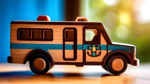 Vintage wooden ambulance car toy with a playful design in front of blurred background, AI generat,