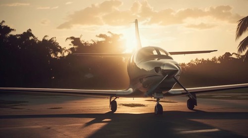 Private luxury jet airplane in tropical location waiting on the tarmac at sunset, generatvie AI, AI