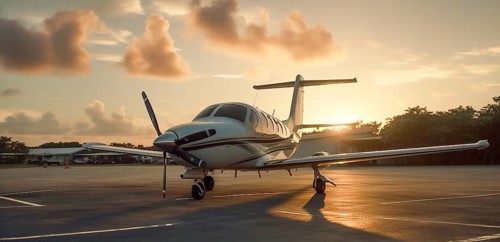 Private luxury jet airplane in tropical location waiting on the tarmac at sunset, generatvie AI, AI