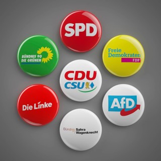 All seven parliamentary groups of the federal government in 2024. 3D illustration with the logos of
