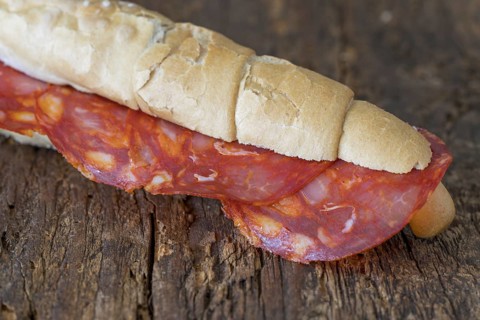 Spanish chorizo slices in bread