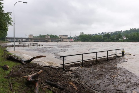 Symbolic image Extreme weather, global warming, climate change Flood, alluvial wood, footbridge,