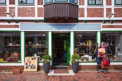 Entrance of the Altländer Drogerie Hubert in Jork, Altes Land, district of Stade, Lower Saxony,