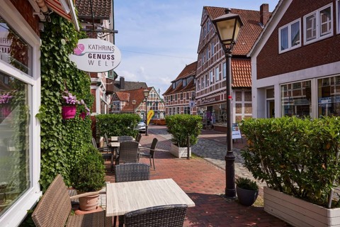 Outdoor area of the Kathrins Genusswelt café with half-timbered houses in Jork, Altes Land, Stade