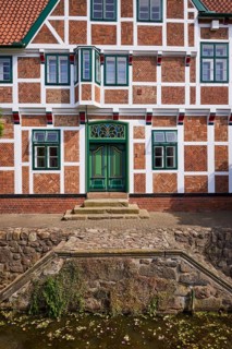 Stairs from the Jorker Hauptwettern moat to the town hall in Jork, Altes Land, Stade district,