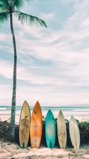 A row of surfboards at the beach, AI generated