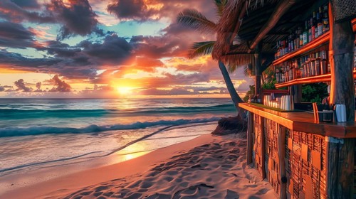 A beach with a bar and a sunset in the background. The bar is wooden and has a lot of bottles on